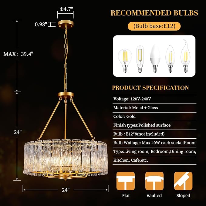 24 Inch Modern Luxury Gold Crystal 8-Light Drum Chandelier