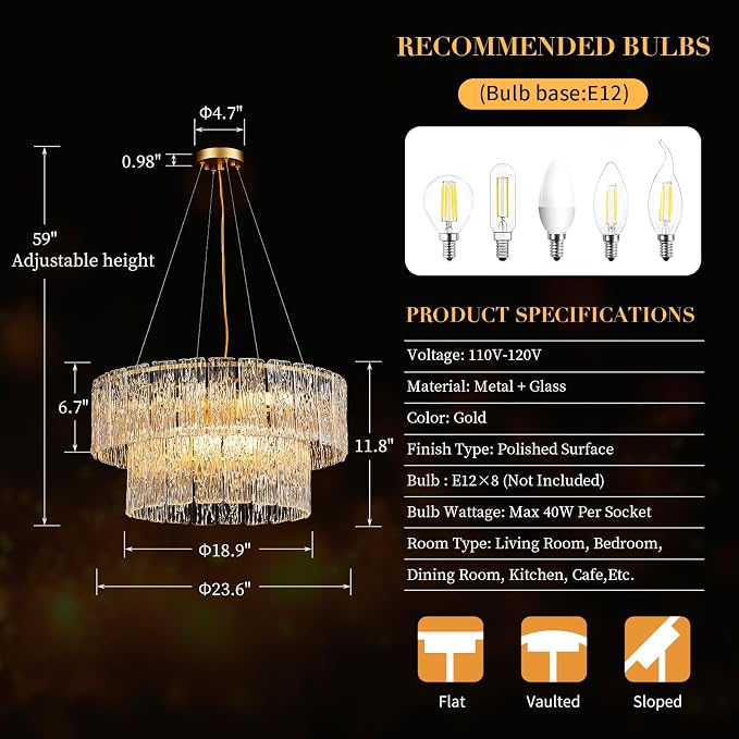 24 Inch Modern Gold Crystal 8-Light Drum Chandelier