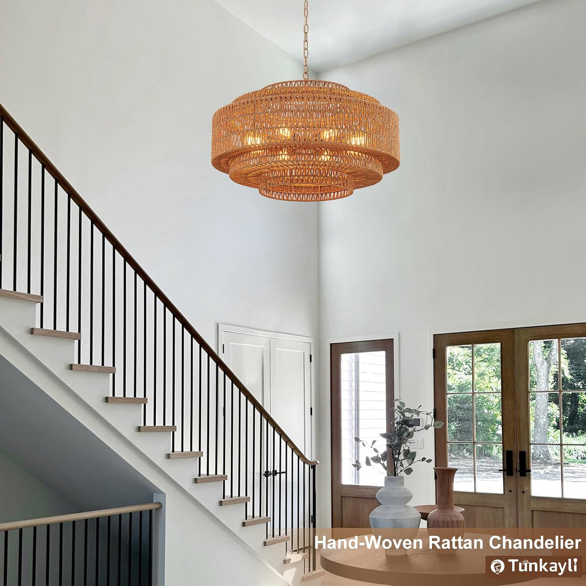 31.5 Inch Bohemian 5-Tier Gold Rattan Drum Chandelier