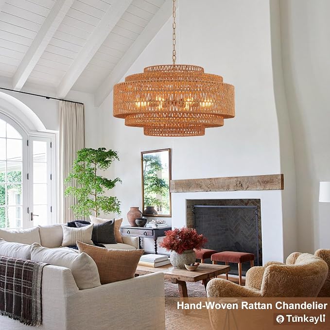 31.5 Inch Bohemian 5-Tier Gold Rattan Drum Chandelier