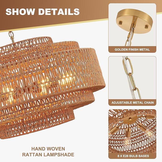 31.5 Inch Bohemian 5-Tier Gold Rattan Drum Chandelier