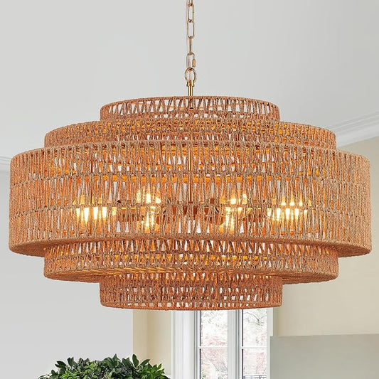 31.5 Inch Bohemian 5-Tier Gold Rattan Drum Chandelier