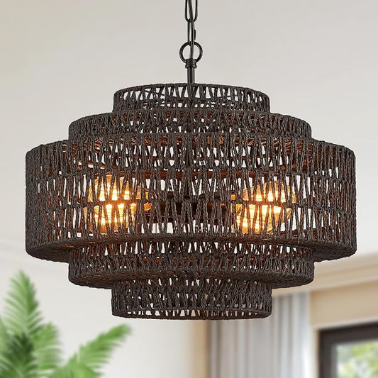 Tunkayli 19.68 Inch Bohemian 5-Tier Black Rattan Drum Chandelier