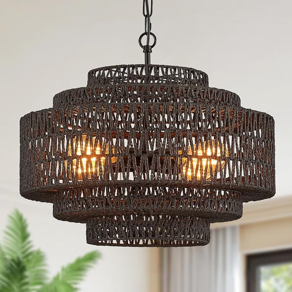 Tunkayli 19.68 Inch Bohemian 5-Tier Black Rattan Drum Chandelier