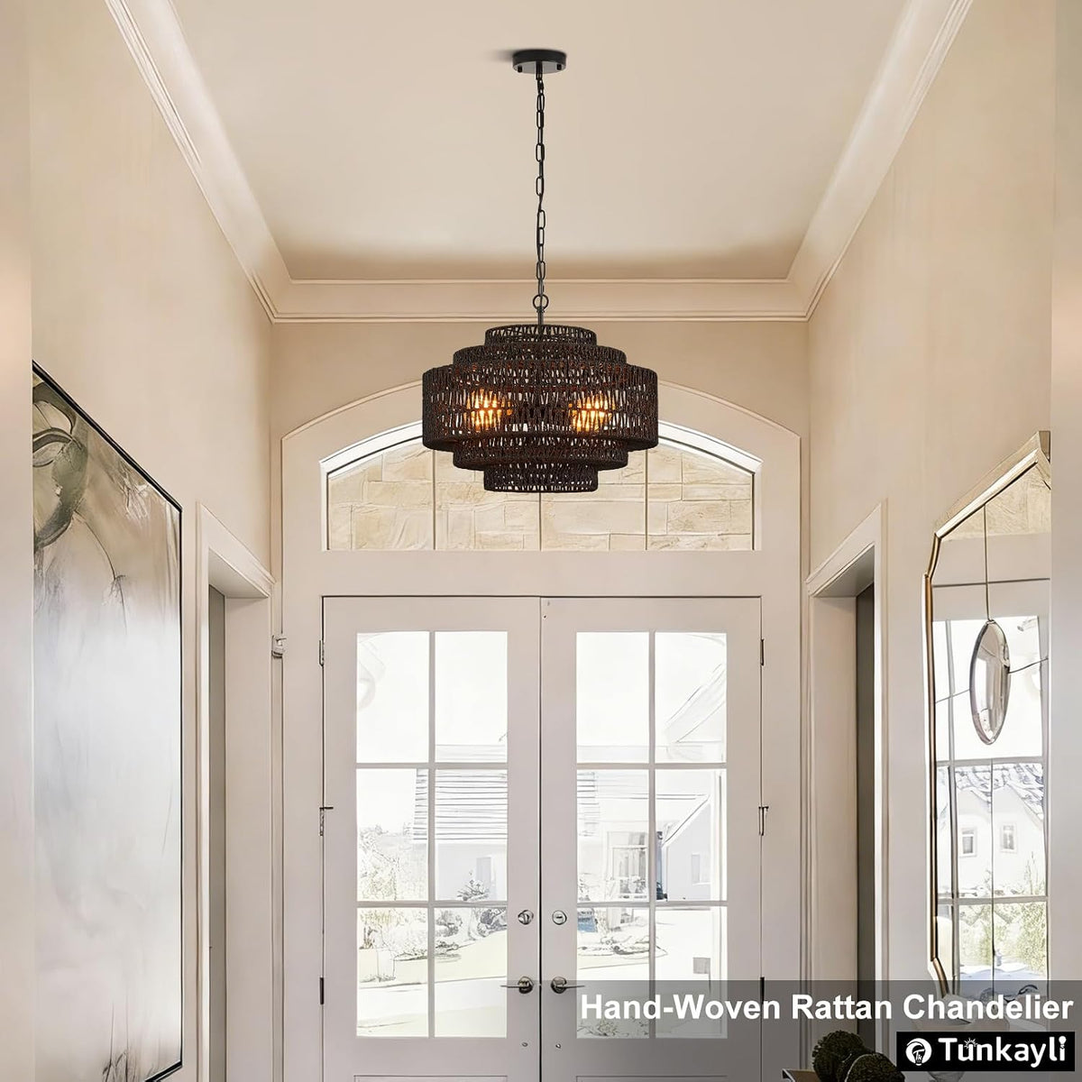Tunkayli 19.68 Inch Bohemian 5-Tier Black Rattan Drum Chandelier