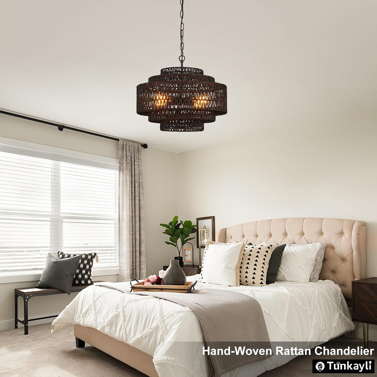 Tunkayli 19.68 Inch Bohemian 5-Tier Black Rattan Drum Chandelier