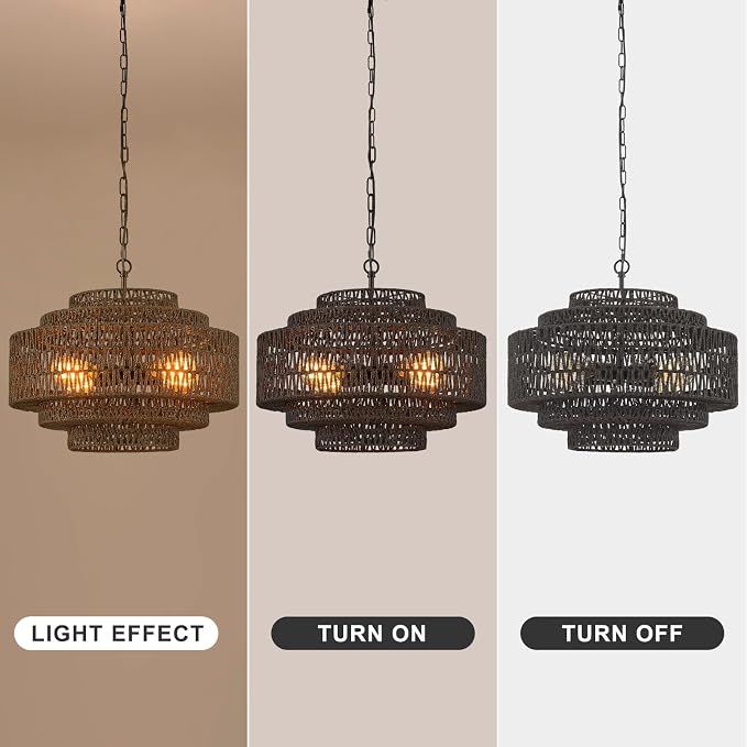 Tunkayli 19.68 Inch Bohemian 5-Tier Black Rattan Drum Chandelier