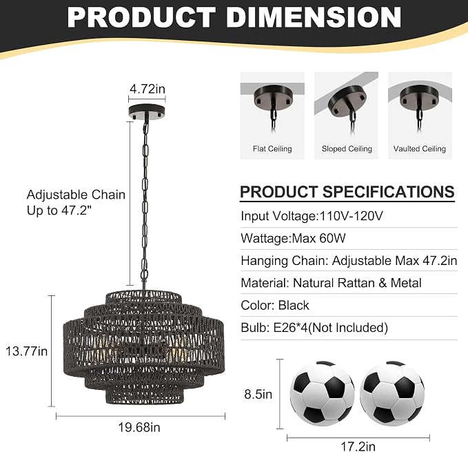 Tunkayli 19.68 Inch Bohemian 5-Tier Black Rattan Drum Chandelier