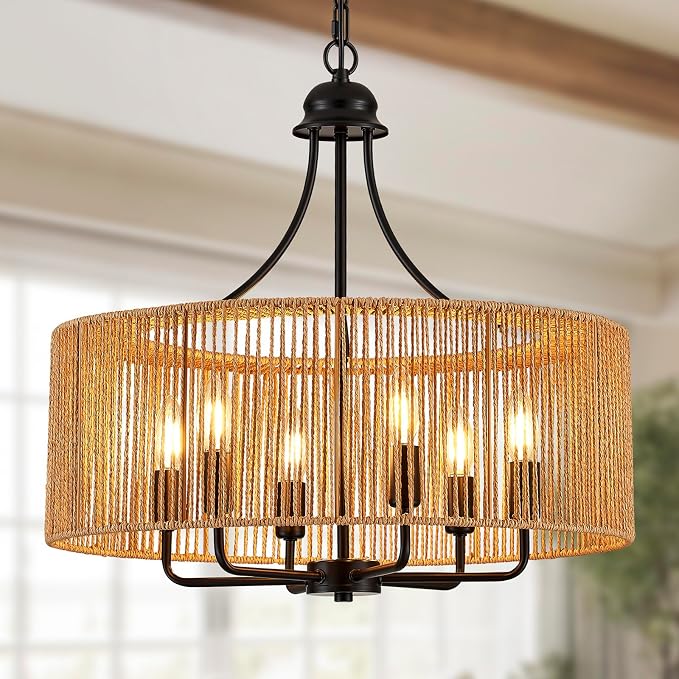 21.8 Inch Coastal Black Rattan 6-Light Candelabra Drum Chandelier