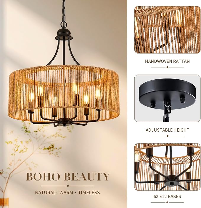 21.8 Inch Coastal Black Rattan 6-Light Candelabra Drum Chandelier