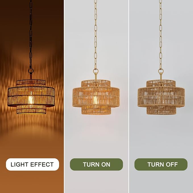 12.6 Inch Bohemian 3-Tier Gold Rattan Pendant Light
