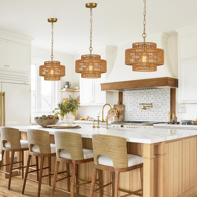 12.6 Inch Bohemian 3-Tier Gold Rattan Pendant Light