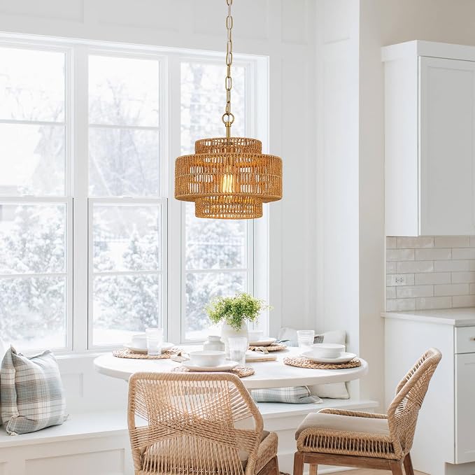 12.6 Inch Bohemian 3-Tier Gold Rattan Pendant Light