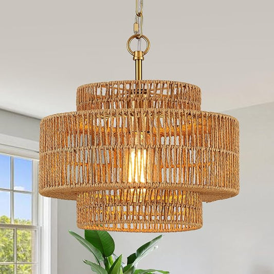 12.6 Inch Bohemian 3-Tier Gold Rattan Pendant Light