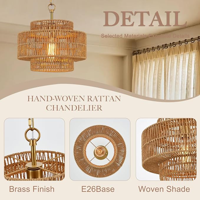 12.6 Inch Bohemian 3-Tier Gold Rattan Pendant Light